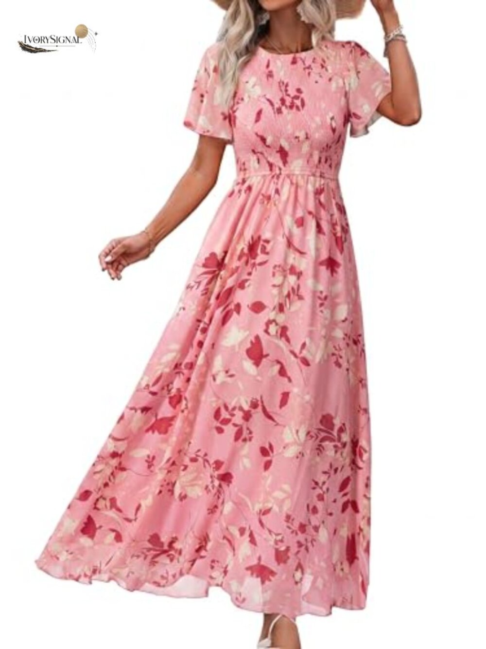 Chiffon Floral Maxi Dress Smocked Flutter Sleeve Summer Wedding Guest
